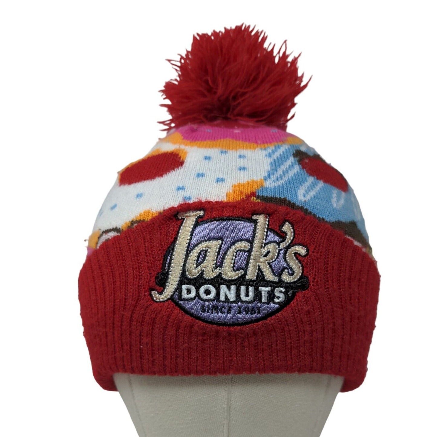 Jack's Donuts Men's Knit Beanie Hat Multicolor Embroidered Logo Pom Pom