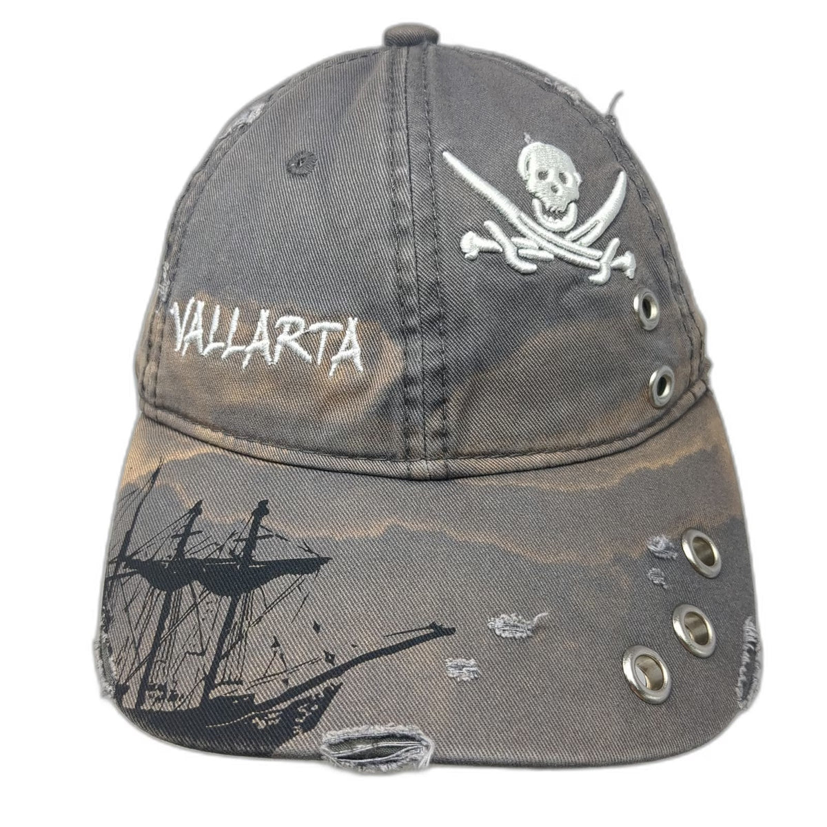 Gray Baseball Cap One Size Pirate Ship Skull Vallarta Grommet Slideback Hat