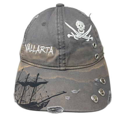 Gray Baseball Cap One Size Pirate Ship Skull Vallarta Grommet Slideback Hat
