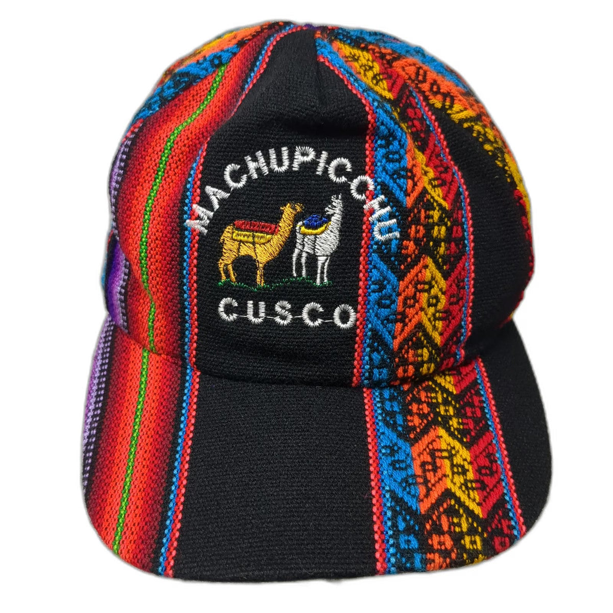 Black 5 Panel Machu Picchu Cusco Llama Woven Geometric Pattern Hat One Size