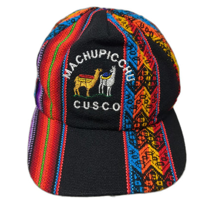 Black 5 Panel Machu Picchu Cusco Llama Woven Geometric Pattern Hat One Size