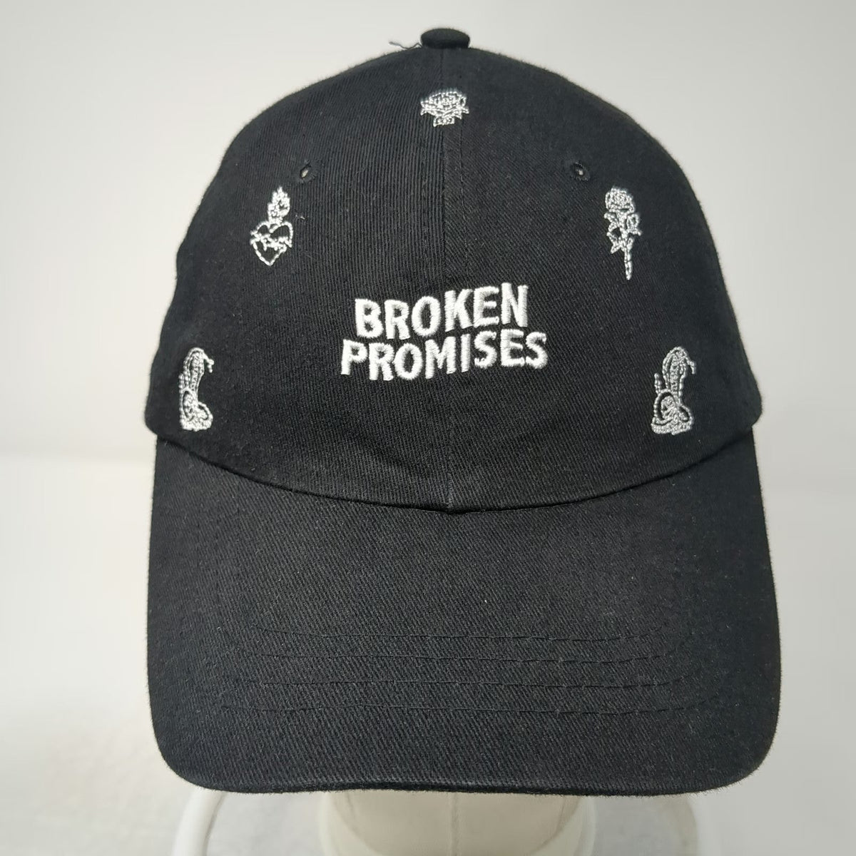 Broken Promises Baseball Cap Black One Size Roses Snakes Hearts Hat Strapback