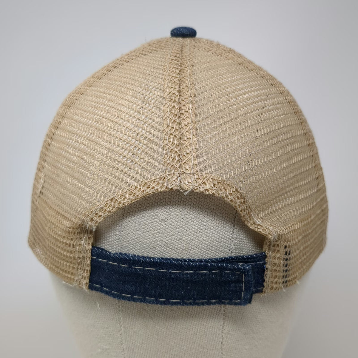 Baseball Cap Blue One Size Mesh Back Denim Embroidered Logo Strapback Hat Beige