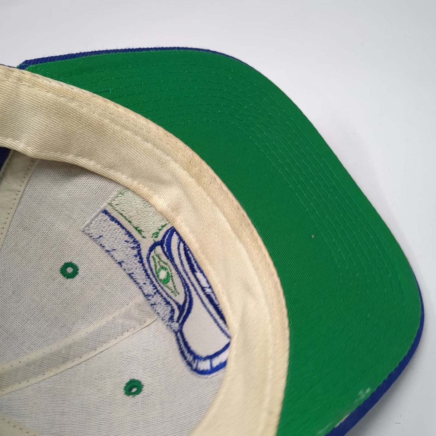New Era Cap Blue Fitted Green Underbrim NFL Seahawks Logo Hat Vintage Pro Model