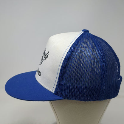 Yupoong Trucker Hat Blue One Size Flying Pie Pizzaria Whirled Famous Pizza Mesh
