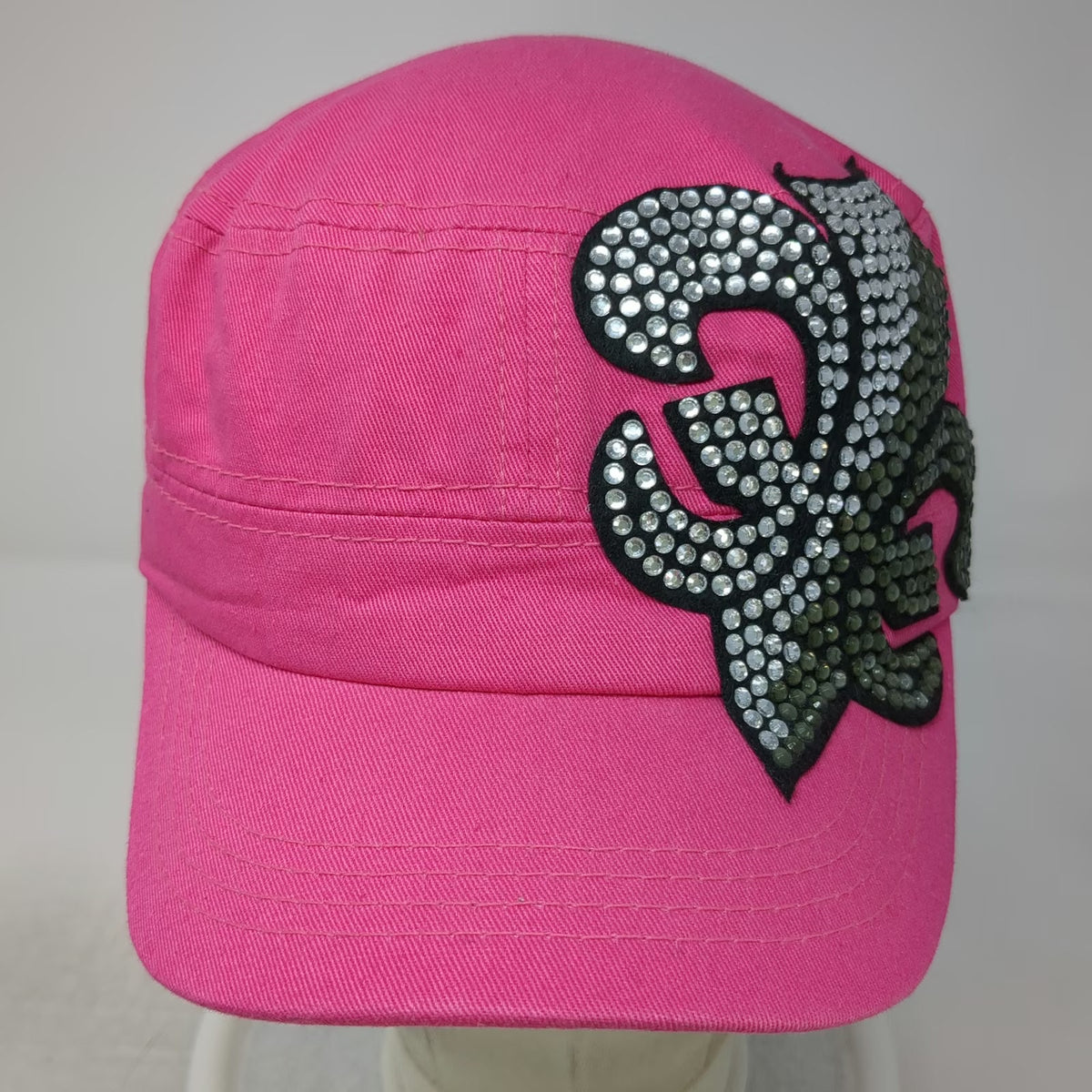 Pink Army Cap One Size Rhinestone Fleur-de-lis Cotton Strapback Hat Bling Gems