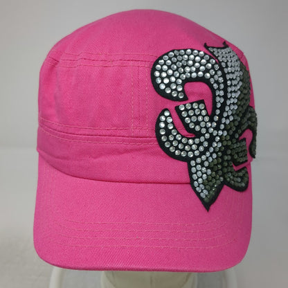 Pink Army Cap One Size Rhinestone Fleur-de-lis Cotton Strapback Hat Bling Gems