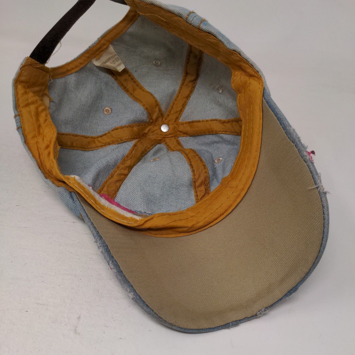Butterfly Slideback Hat Blue One Size Lace Trim Beaded 6 Panel Distressed