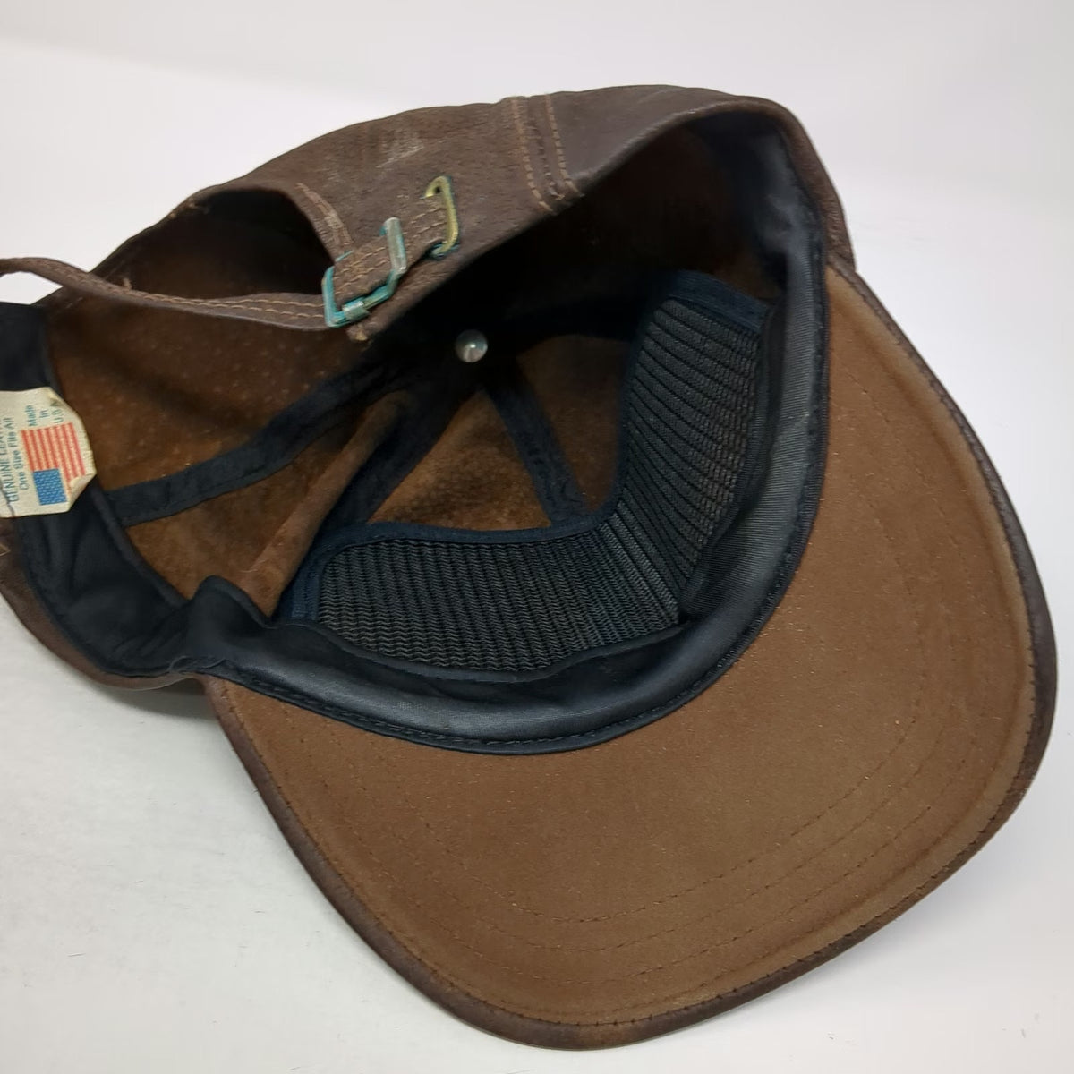Baseball Cap Brown One Size Leather Strapback Made in USA Distressed Plain Hat