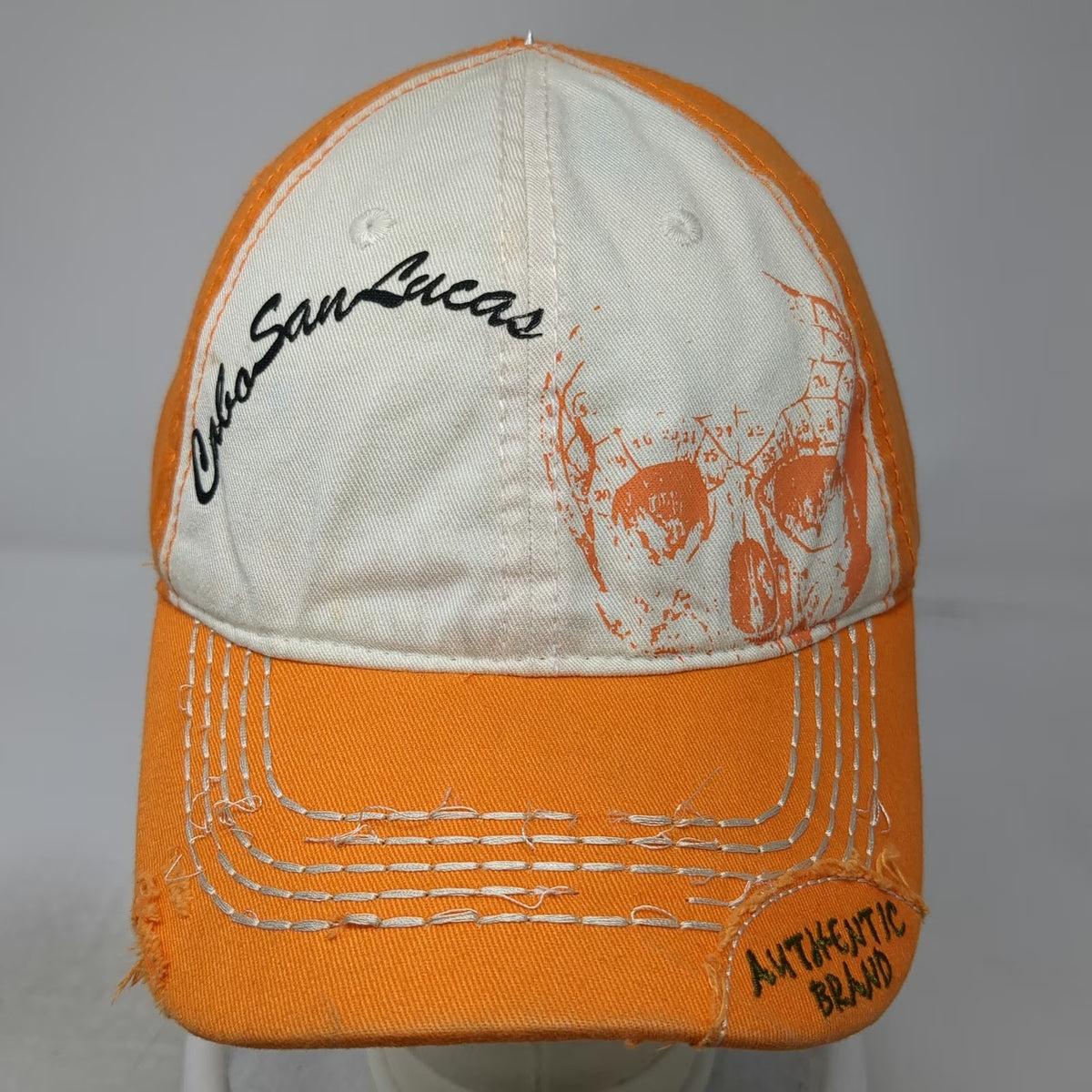dkps Cabo San Lucas Orange Baseball Cap One Size Hat Skull Frayed Studded Mexico