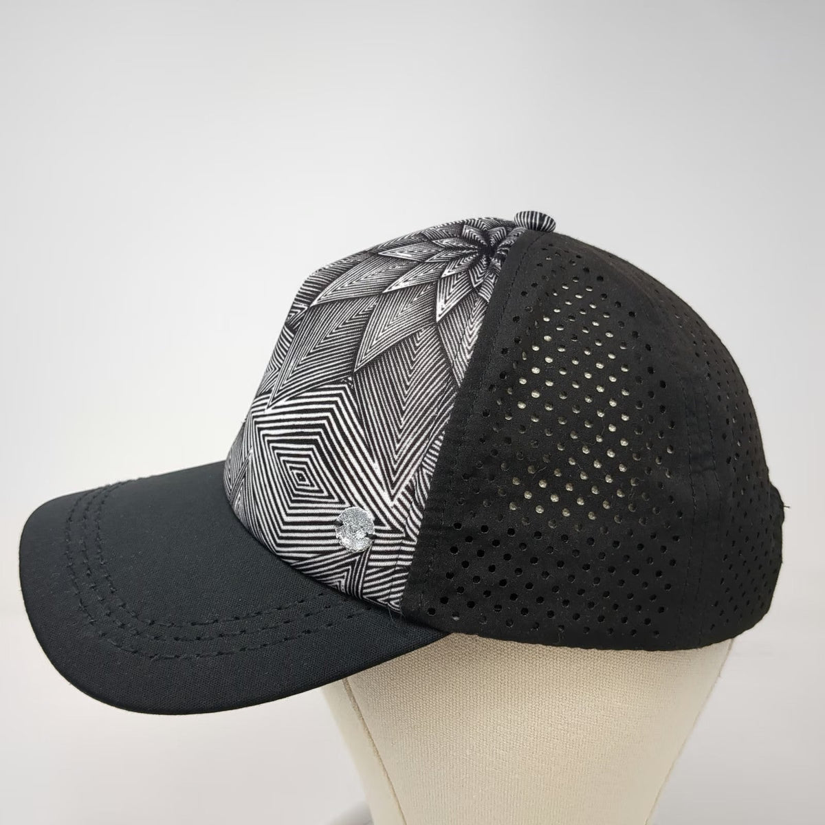 Roxy Trucker Hat Black One Size Geometric Starburst Perforated Snapback Cap