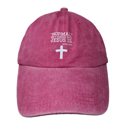 Normal Isn't Coming Back Jesus Is Slideback Hat Pink One Size Adjustable Cotton