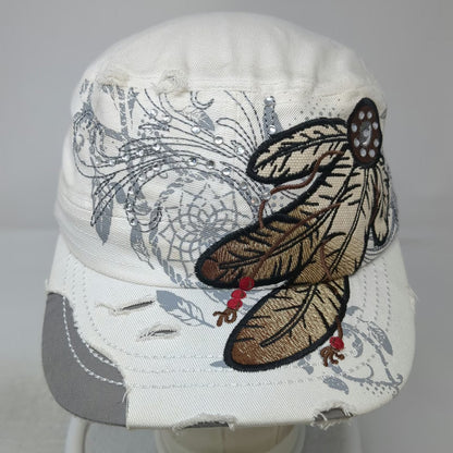 Savana Army Cap White One Size Feather Dreamcatcher Distressed Rhinestone Hat