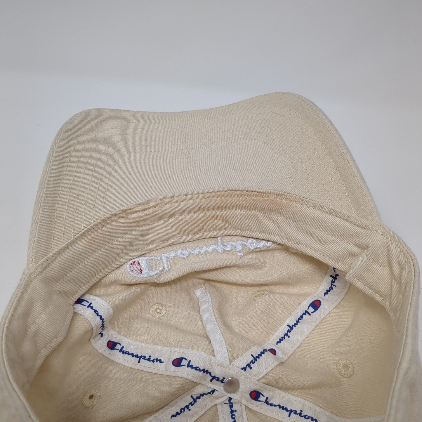 Champion Slideback Hat Tan One Size Adjustable Embroidered Vented Holes 6 Panel