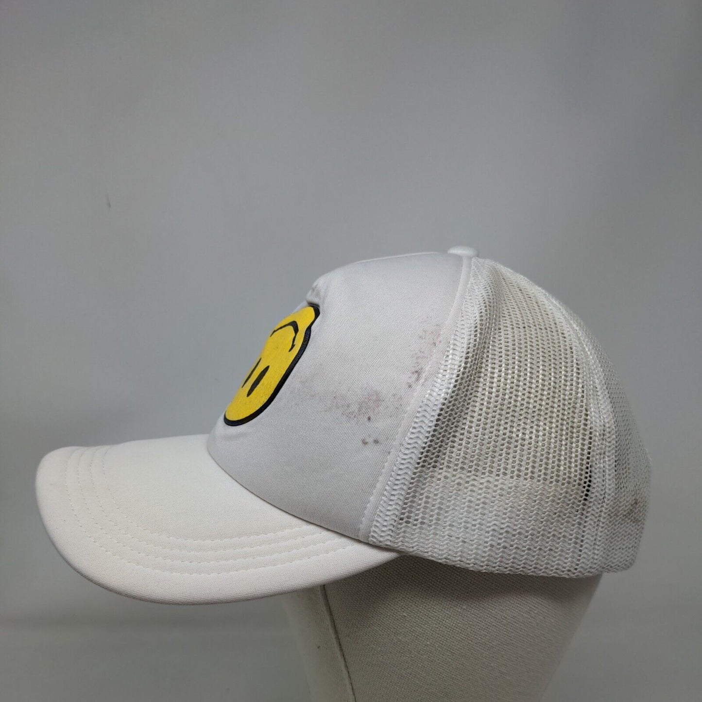Upside Down Smiley Emoji Snapback Mesh Back Trucker Hat White One Size
