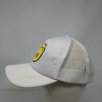 Upside Down Smiley Emoji Snapback Mesh Back Trucker Hat White One Size