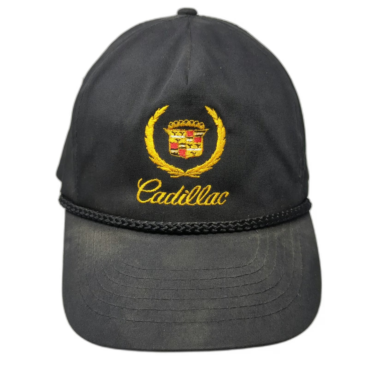 Cadillac Logo 5 Panel Black Gold OS Slideback Rope Brim Embroidered Hat Vintage