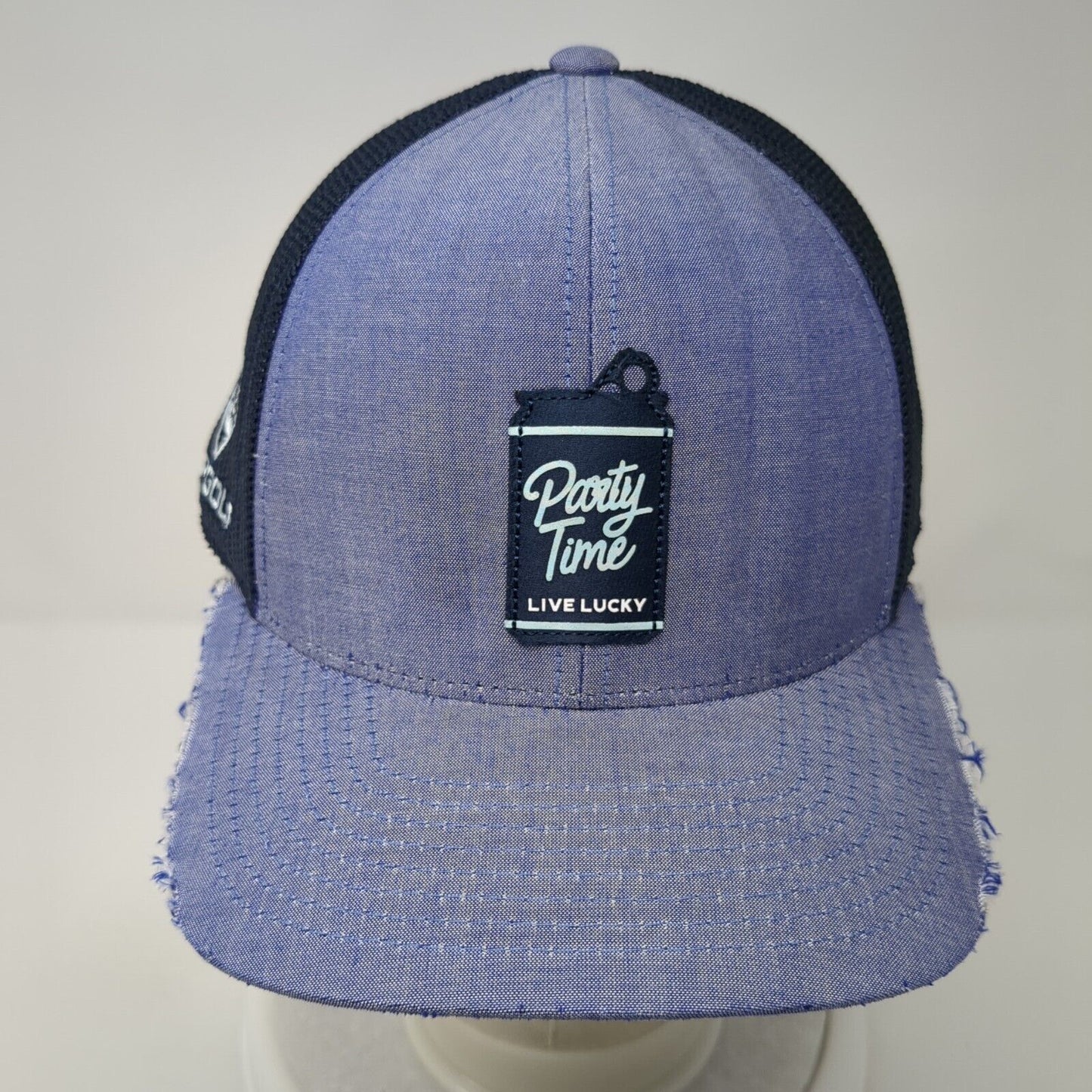 Party Time Live Lucky Top Golf Snapback Trucker Hat Blue OS Mesh Back Distressed