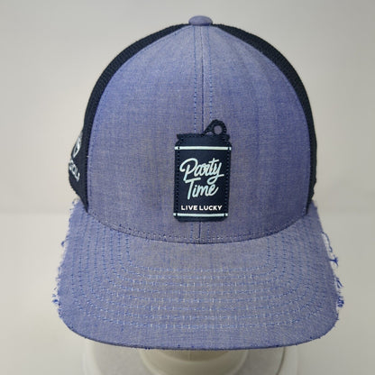 Party Time Live Lucky Top Golf Snapback Trucker Hat Blue OS Mesh Back Distressed