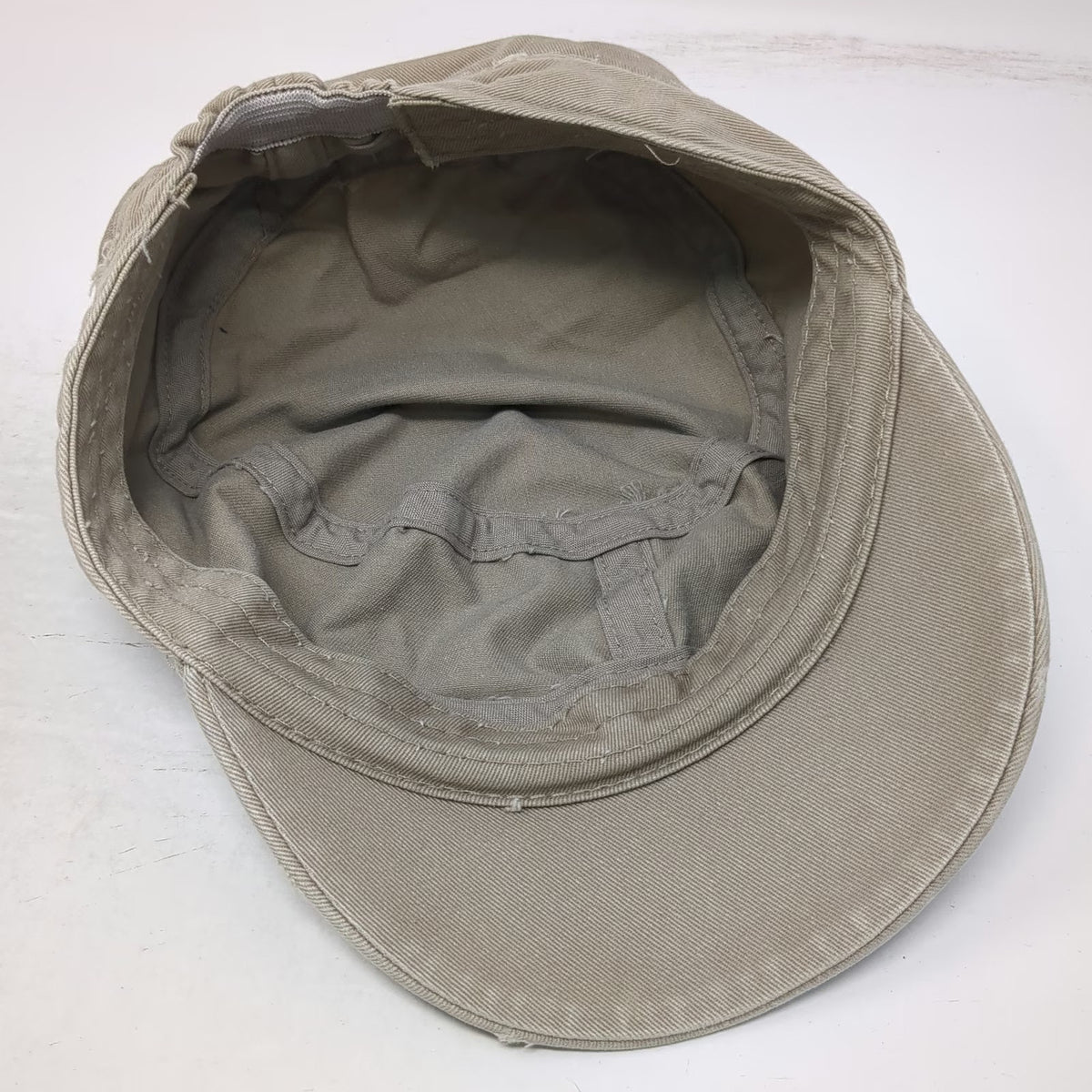Army Cap Beige One Size Distressed Cadet Style Flat Top Frayed Edge Cotton Hat