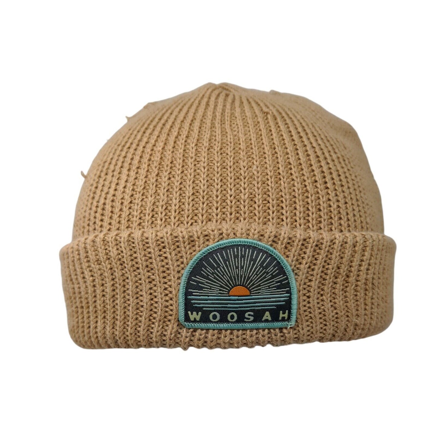 Woo Sah Beanie Hat Tan One Size Knitted Stretch Patch Logo Solid