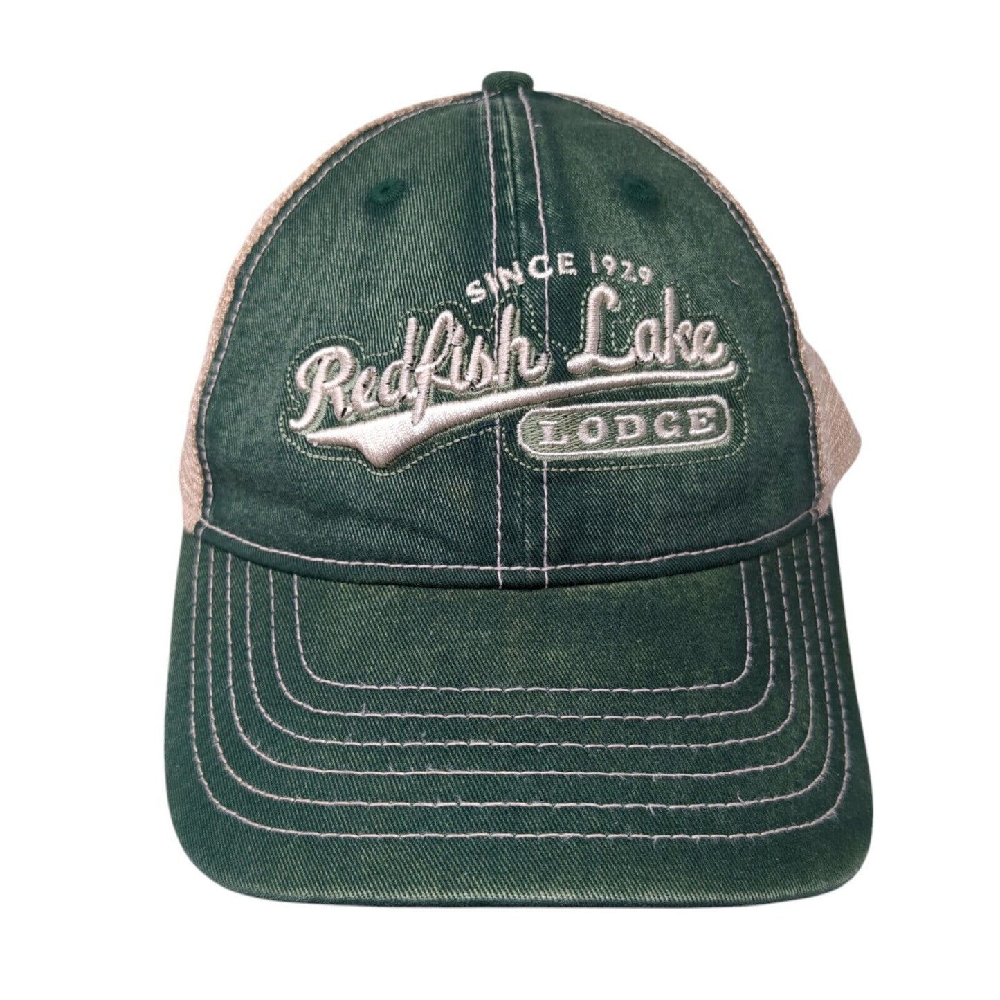 Redfish Lake Lodge Snapback Trucker Hat Green One Size Mesh Back Ahead