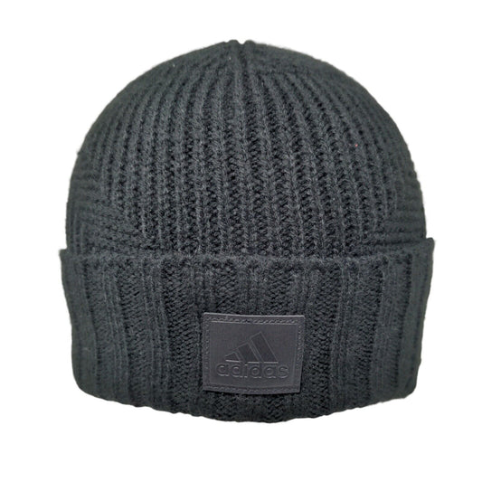 Adidas Leather Patch Ribbed Knit Beanie Hat Black OSFM Solid