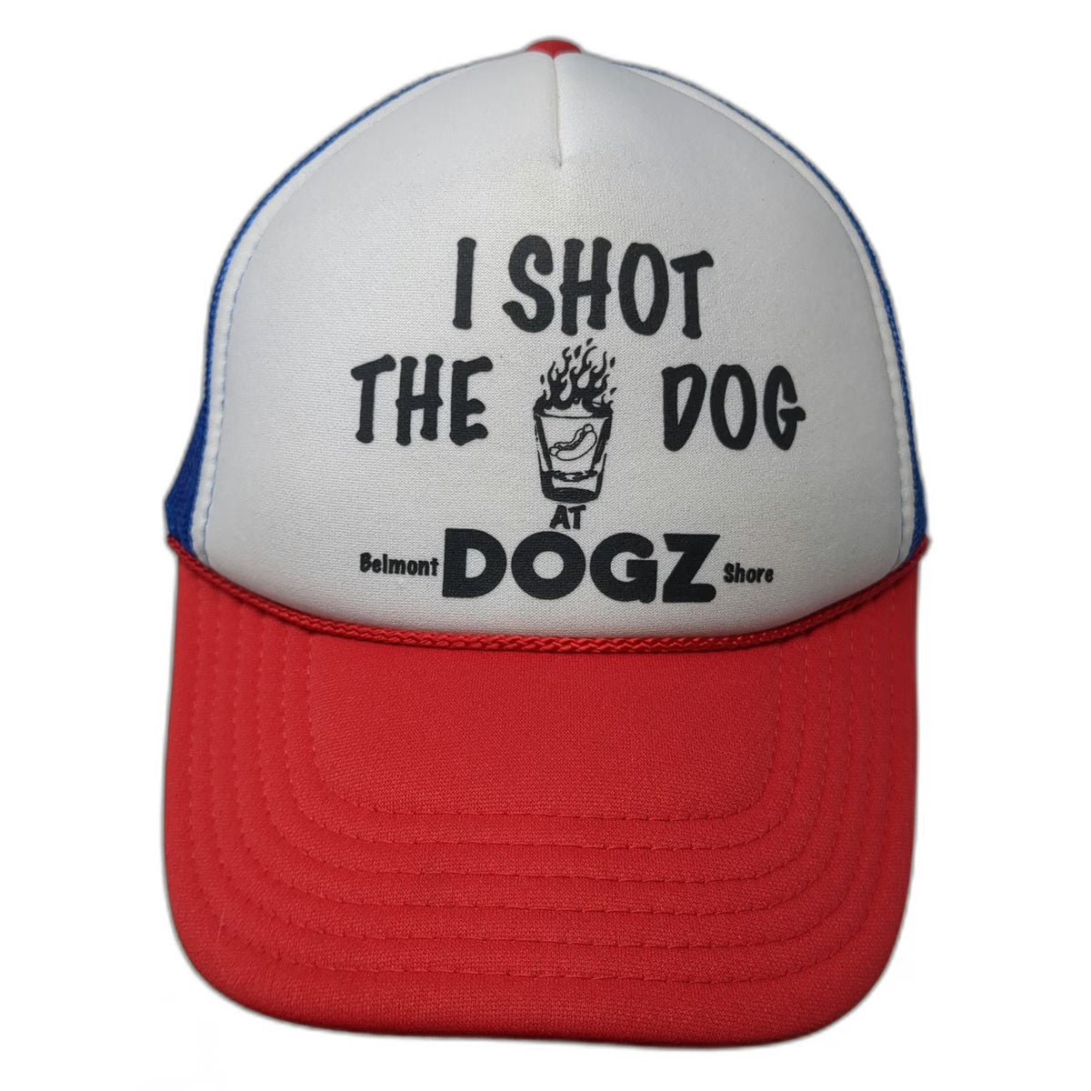 Otto Trucker Hat White Blue Red One Size Mesh Back Snapback Hot Dog Shot Graphic