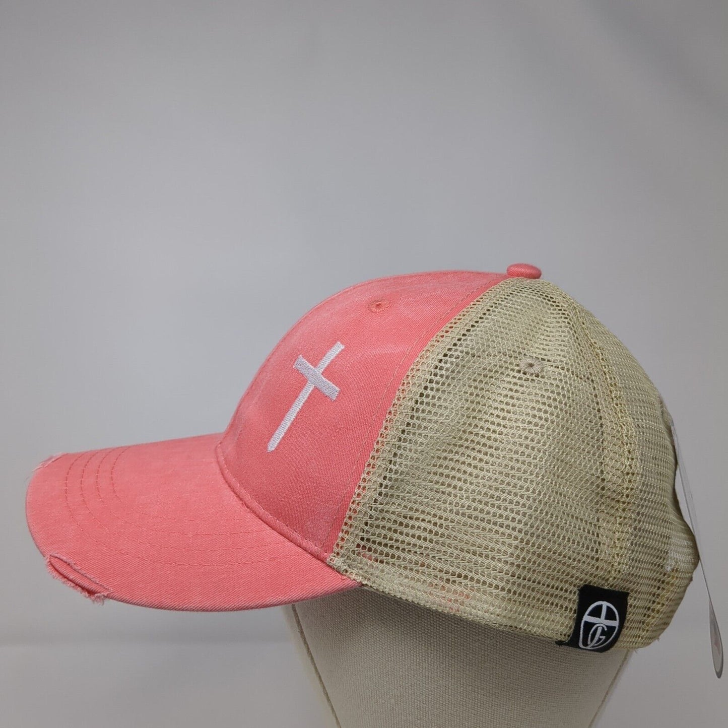 Crucifix Snapback Trucker Hat Pink OS Adjustable Mesh Back Distressed W/Tags