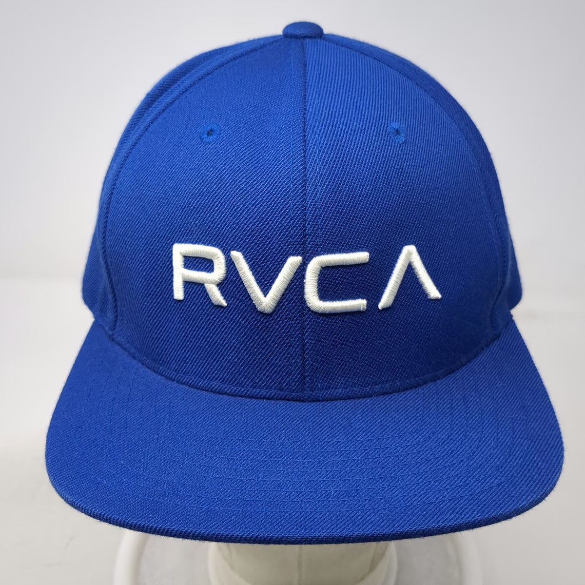 RVCA Snapback Hat Blue One Size White VA Logo Flat Brim Tan Underbrim Acrylic