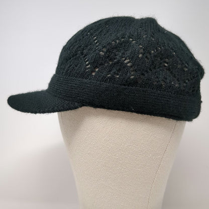 Black Army Cap One Size Knit Pointelle Chevron Pattern Ribbed Brim Soft Warm Hat
