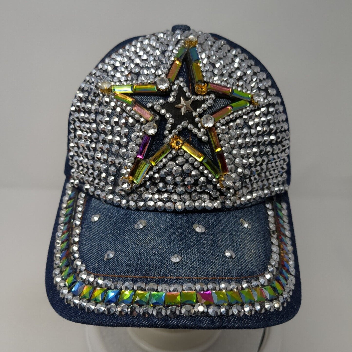 Bedazzled Star Slideback Hat Blue One Size Adjustable Rhinestone Beaded Denim