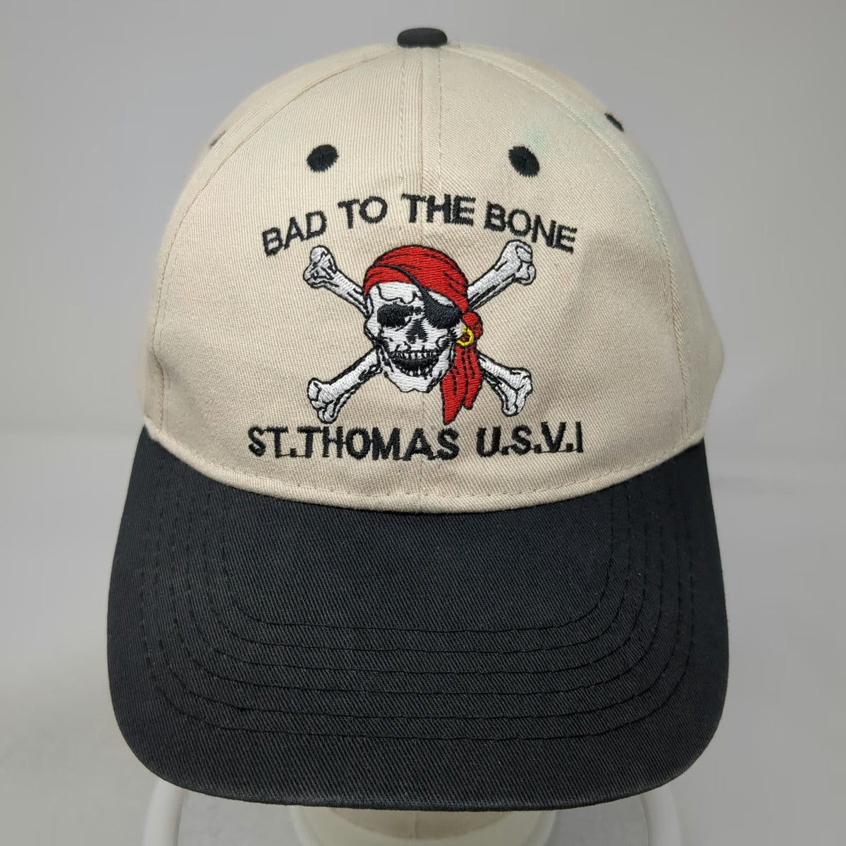 Baseball Cap Beige Black One Size Strapback Pirate Skull St Thomas USVI Hat