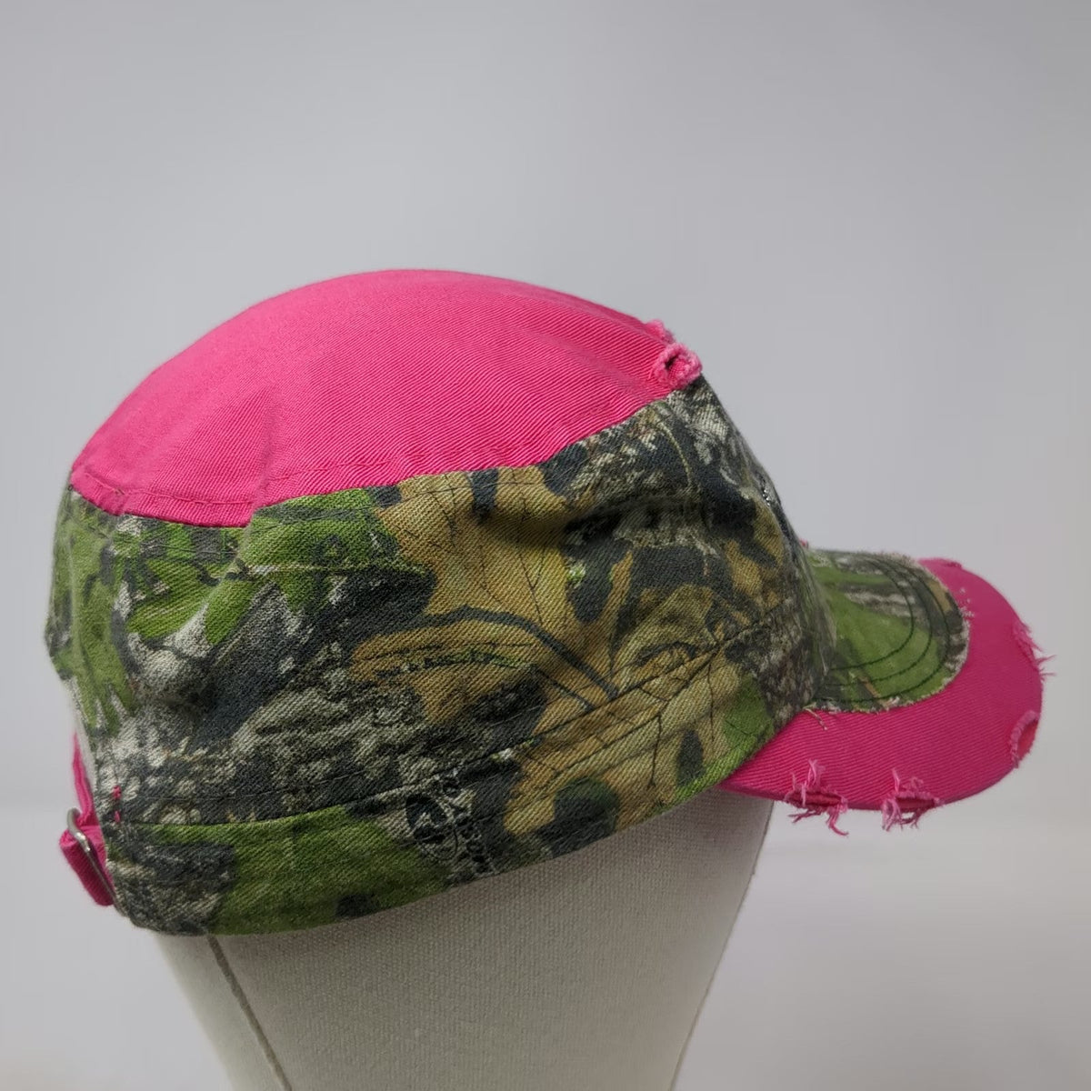 KBETHOS Army Cap Pink One Size Rhinestone Cross Mossy Oak Camo Frayed Hat