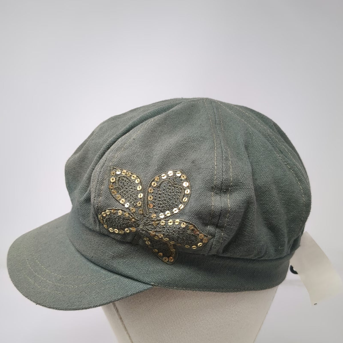 Green Army Cap One Size Sequin Butterfly Cotton Military Embellished Cadet Hat