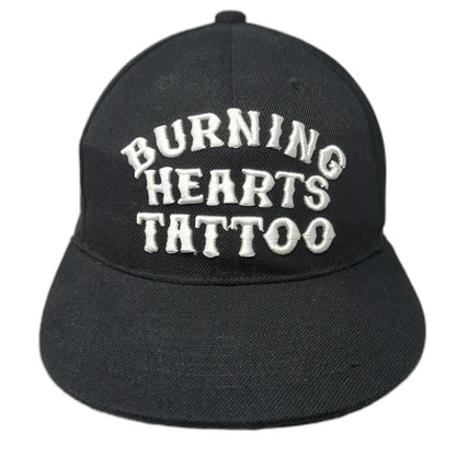 Burning Hearts Tattoo Hat Black One Size Snapback BHTC Flat Brim Graphic Cap