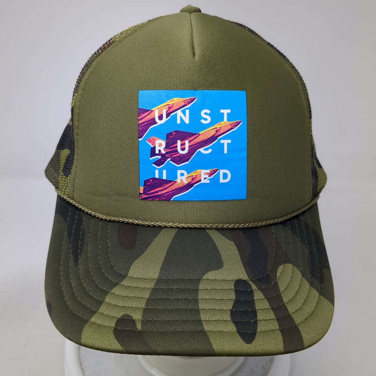 OTTO Trucker Hat Green One Size Camo Mesh Snapback Fighter Jet Graphic Rope