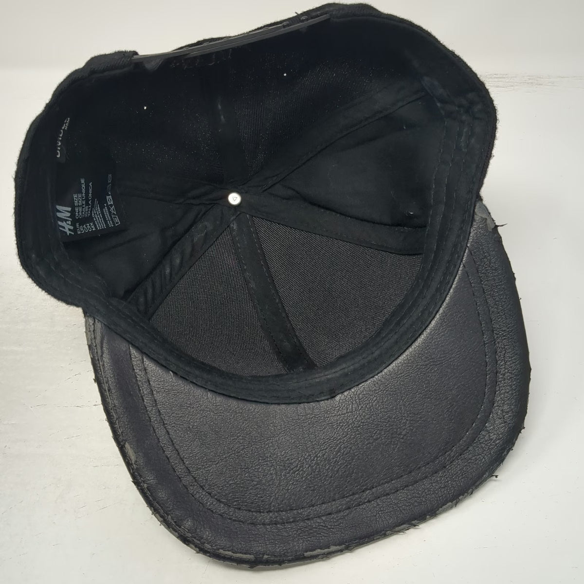 H&M Snapback Hat Black One Size Cat Ears Meow Embroidery Faux Leather Brim