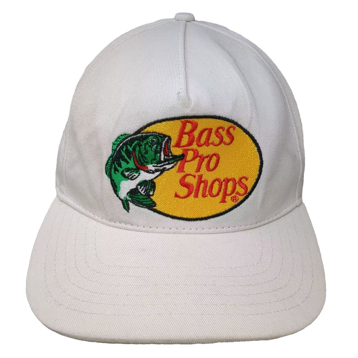 Bass Pro Shops Trucker Hat White OS Vintage Made in USA Snapback Bass Fish Flag