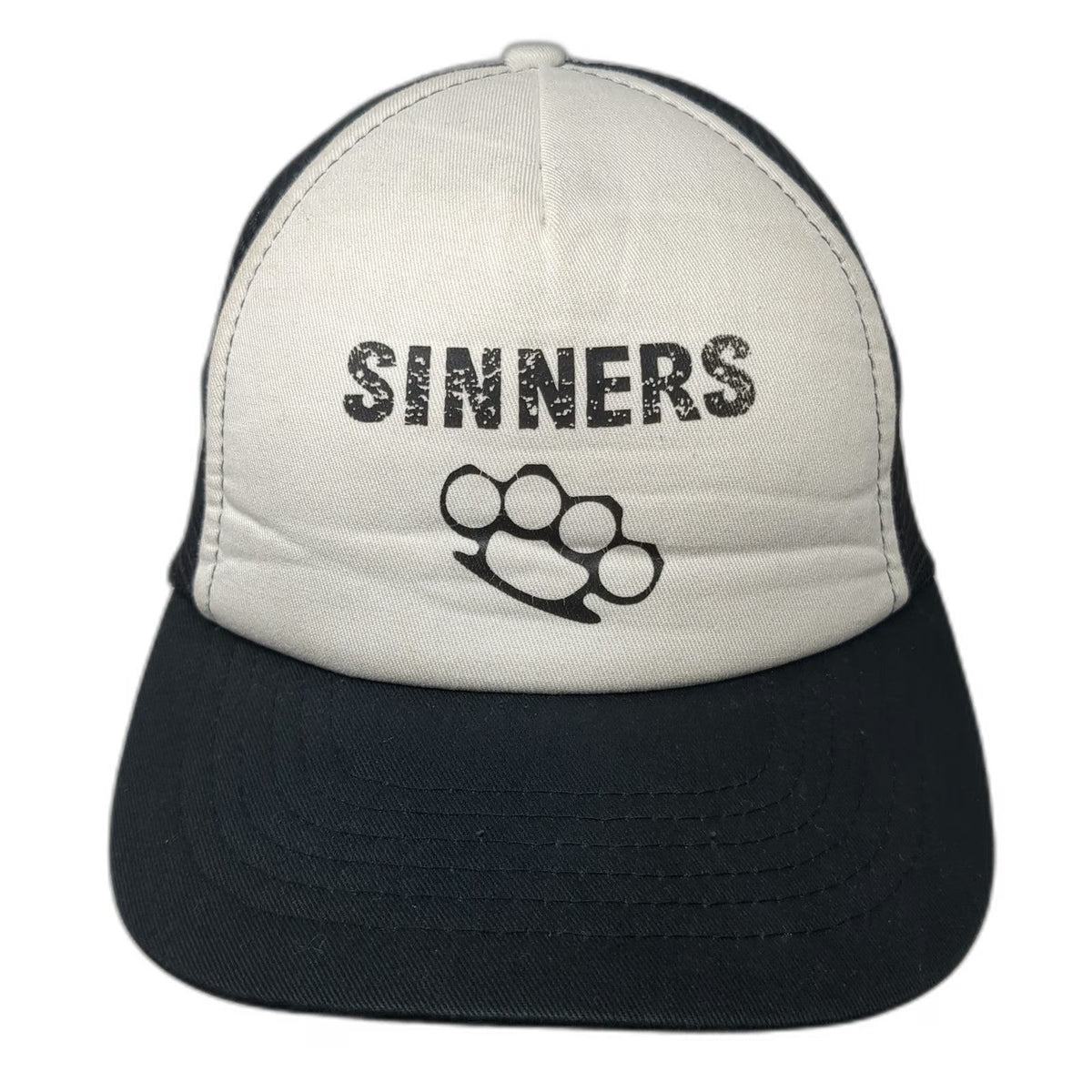 Headwear USA Trucker Hat Black White One Size Sinners Brass Knuckles Mesh Back