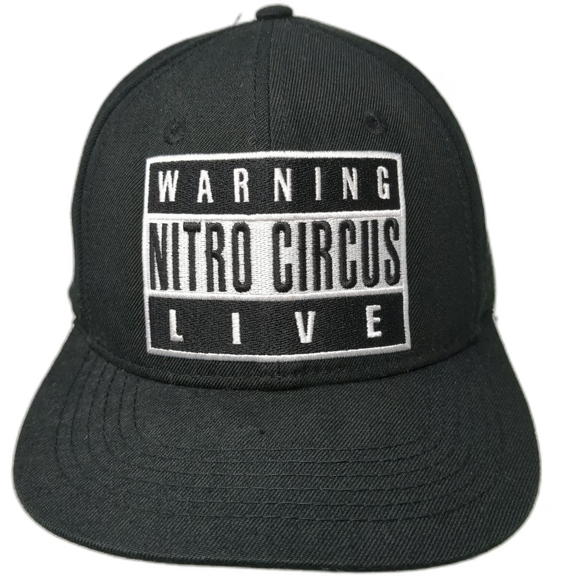 Nitro Circus Snapback Hat Black One Size Flat Brim Wool Blend Warning Logo