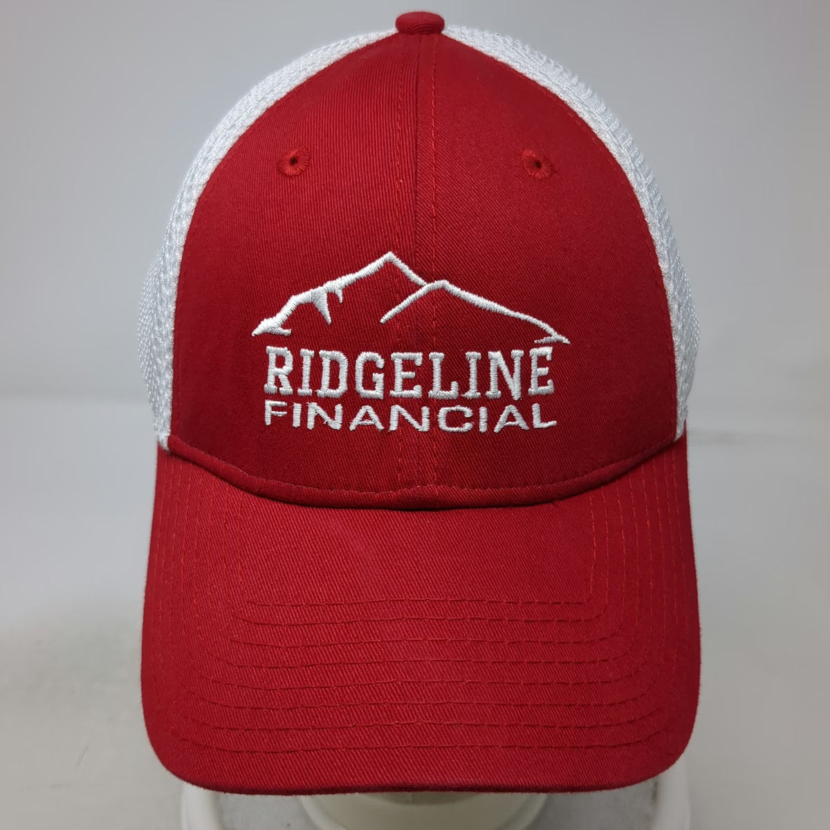 New Era Baseball Cap Red White XL Ridgeline Financial Mesh Hat Mountain Stretch