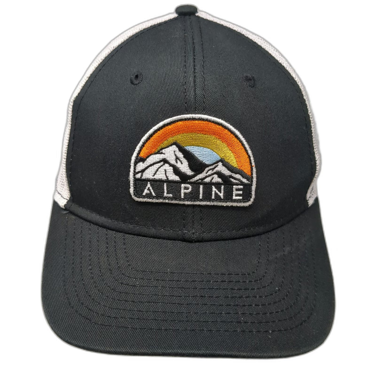 Alpine Mountain Rainbow Patch Black Trucker Hat One Size Snapback Mesh Hat