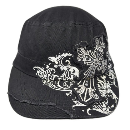 Zancap Army Cap Black One Size Distressed Cross Rhinestone Scroll Cotton Hat