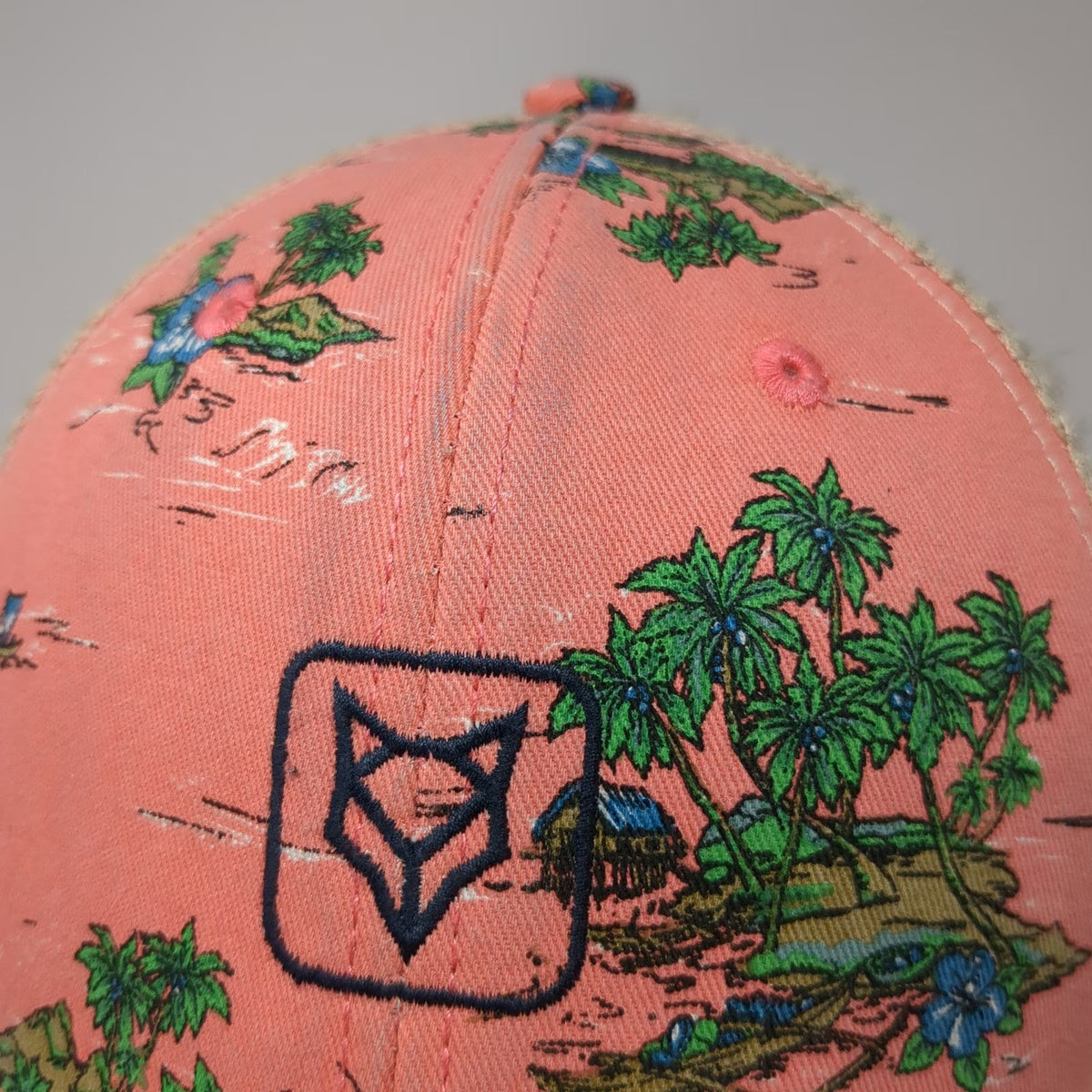 Fox Trucker Hat Pink Beige One Size Tropical Island Palm Tree Print Mesh Back