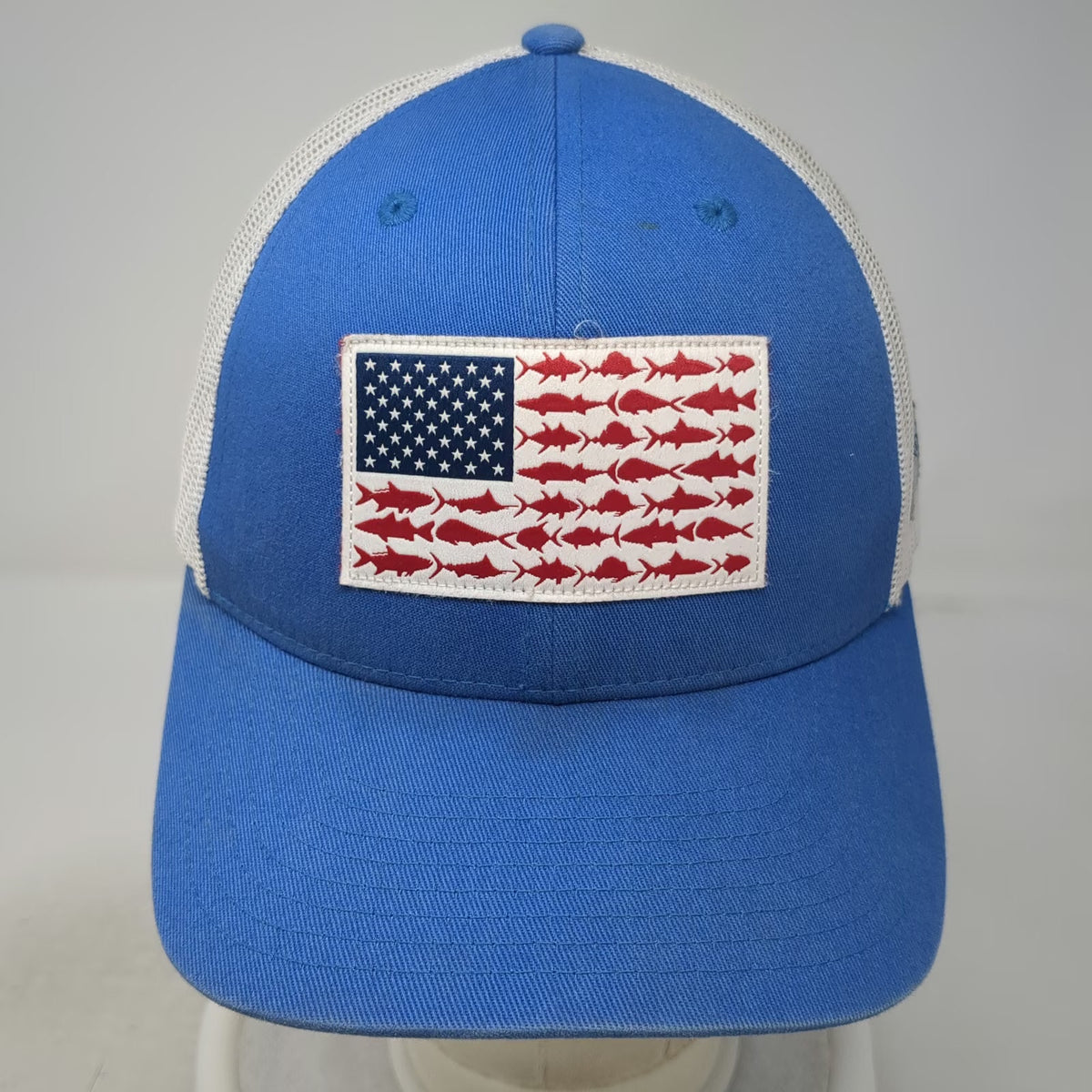 Columbia Blue Trucker Hat One Size PFG Fish American Flag Patch Mesh Snapback