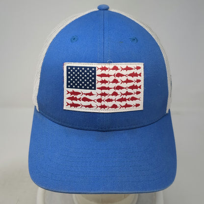 Columbia Blue Trucker Hat One Size PFG Fish American Flag Patch Mesh Snapback