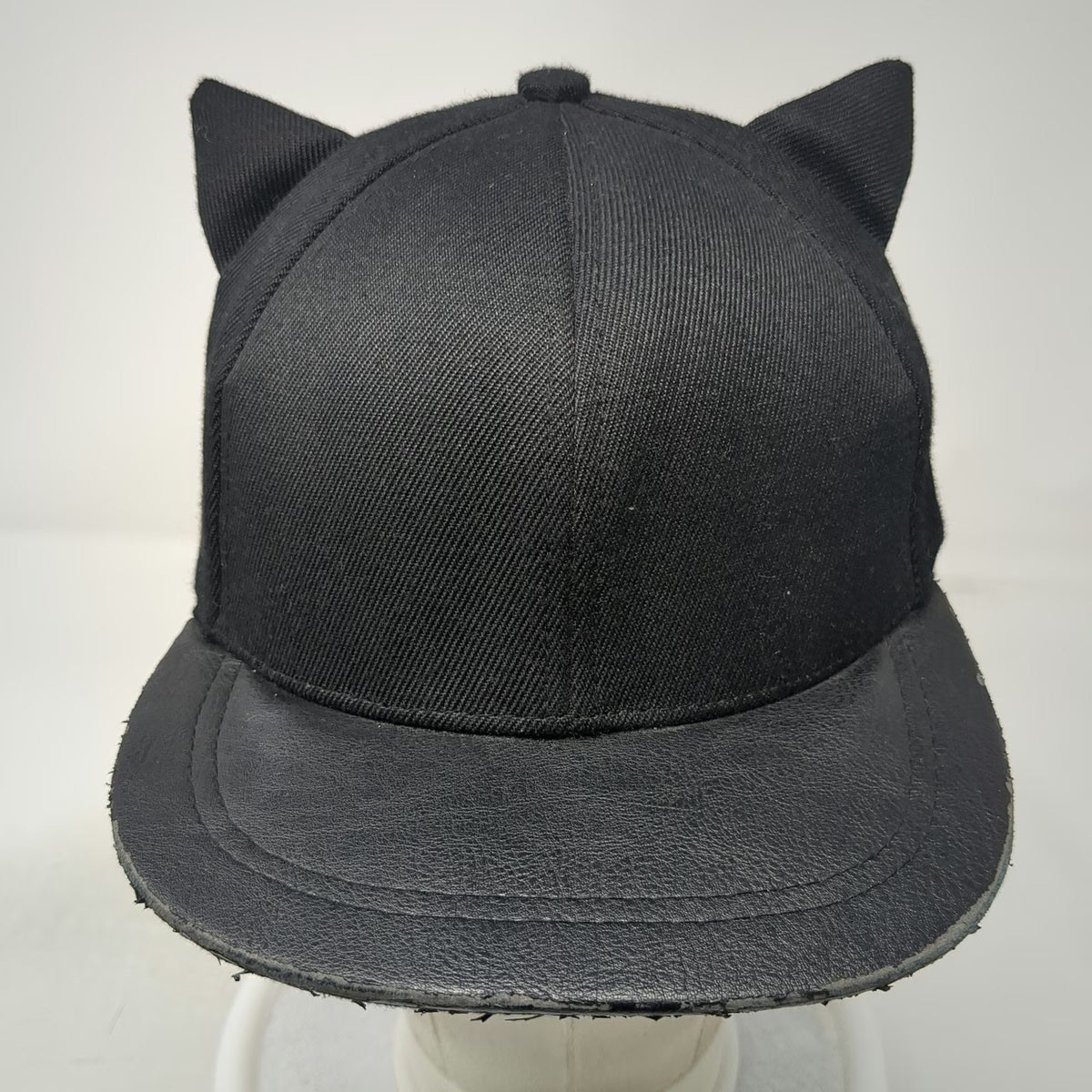 H&M Snapback Hat Black One Size Cat Ears Meow Embroidery Faux Leather Brim