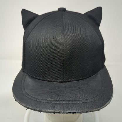 H&M Snapback Hat Black One Size Cat Ears Meow Embroidery Faux Leather Brim