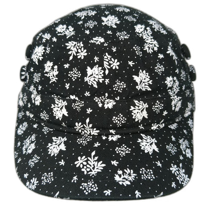 Forever 21 Army Cap Black White One Size Floral Pattern Elastic Side Buttons Hat